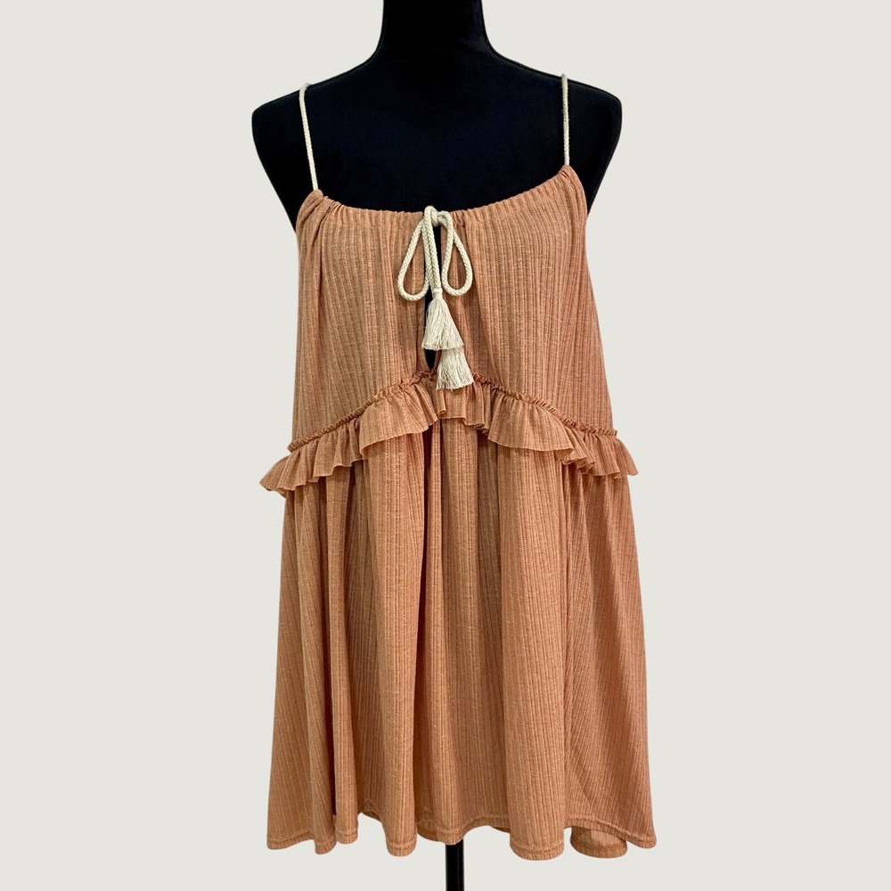 NWT Free People FP Beach Get‎ Obsessed Ribbed Mini Dress XS Terracotta Tassel
